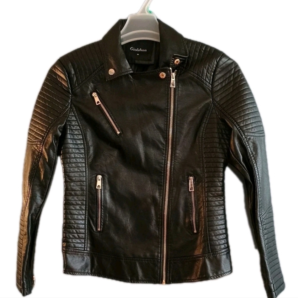 Giolshon Women's faux Vegan leather Moto style Biker Motorcycle jacket Size M